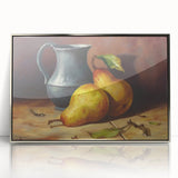 Mid-century modernist art featuring vibrant fruits on a silver-framed acrylic print, suitable for modern kitchen decor.