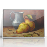 Framed acrylic poster featuring a colorful array of fruits in an art deco style, ideal for modern kitchen decor.