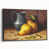 Black and white framed canvas featuring a vintage poster art style landscape with various fruits.
