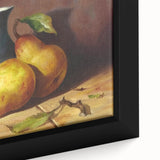 Close-up of extra large black wall art featuring colorful, textured fruits on framed canvas, suitable for living room decor.