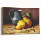 Framed canvas featuring a vintage poster art of assorted fruits in muted gold and black, ideal for bedroom decor.