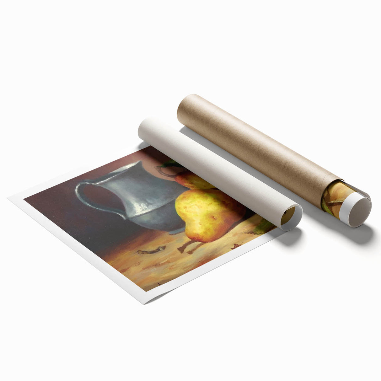 Rolled canvas print featuring a vibrant array of fruits in a realistic style, suitable for classy bathroom wall art.