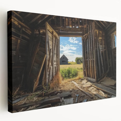Stretched canvas art showcasing a vibrant landscape scene with a rustic barn, emphasizing rich colors and intricate details, perfect for home decor.
