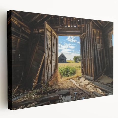 Stretched canvas art showcasing a vibrant landscape scene with a rustic barn, emphasizing rich colors and intricate details, perfect for home decor.