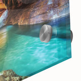 Close-up of a vibrant acrylic glass artwork depicting a stunning landscape of canyons, showcasing intricate details and rich colors that evoke a sense of depth and adventure. Ideal for nature lovers seeking to enhance their home decor with unique art pieces.