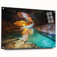 Acrylic landscape artwork depicting canyons with a glossy finish, showcased from a side view, featuring decorative pins for secure hanging. Perfect for modern home decor.