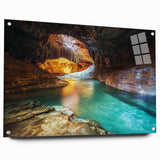 Acrylic landscape artwork depicting canyons with a glossy finish, showcased from a side view, featuring decorative pins for secure hanging. Perfect for modern home decor.