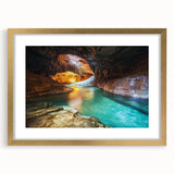 Landscape artwork depicting a canyon scene, framed in elegant gold with a white mat, showcasing vibrant colors and intricate details, perfect for home decor.