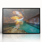 Framed acrylic wall art showcasing a vibrant landscape of canyons, featuring rich earth tones and dramatic lighting, ideal for enhancing modern decor.