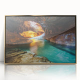 Framed acrylic artwork showcasing a stunning landscape of canyons in warm gold tones, perfect for enhancing modern home decor with nature-inspired elegance.