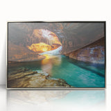 Framed acrylic artwork titled "Canyons" showcasing vibrant desert landscapes in rich colors, perfect for modern home decor and interior design enthusiasts.