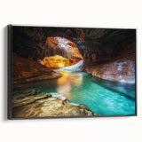 Framed canvas artwork showcasing a vibrant landscape of canyons in rich earthy tones, with a sleek black frame, perfect for enhancing modern home decor.