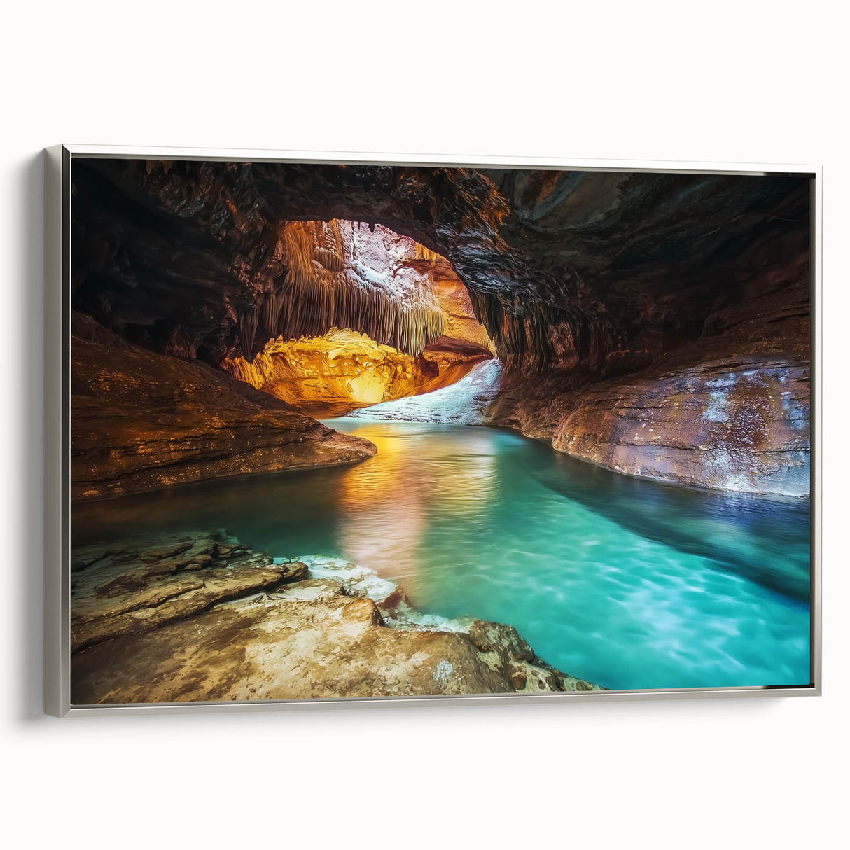Framed landscape canvas artwork showcasing vibrant canyons, featuring a sleek silver frame that enhances the colorful scenery, perfect for home decor.