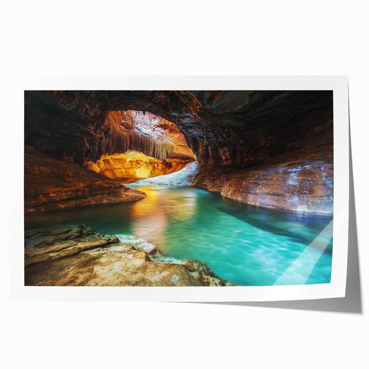 Landscape print showcasing a vibrant canyon scene with rich earth tones, rolled and secured in a protective tube, ideal for home decor or art enthusiasts.