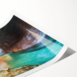Vibrant landscape print of canyons showcasing rich earthy tones and dynamic rock formations, rolled and ready for display in a protective cardboard tube. Perfect for nature-loving decor enthusiasts.