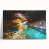 Stretched canvas artwork depicting a vibrant landscape of canyons in warm earth tones, showcasing intricate details and textures, perfect for home decor.