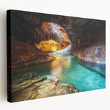 Stretched canvas artwork depicting a vibrant landscape of canyons in rich earthy tones, showcasing intricate details and textures, perfect for modern home decor.