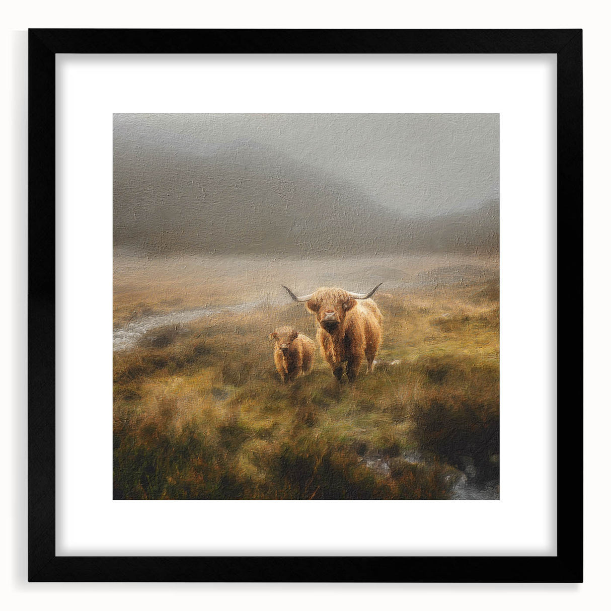 Framed landscape wall art showcasing a serene countryside scene with vibrant greenery and a blue sky, featuring a sleek black frame and white mat, perfect for home decor.