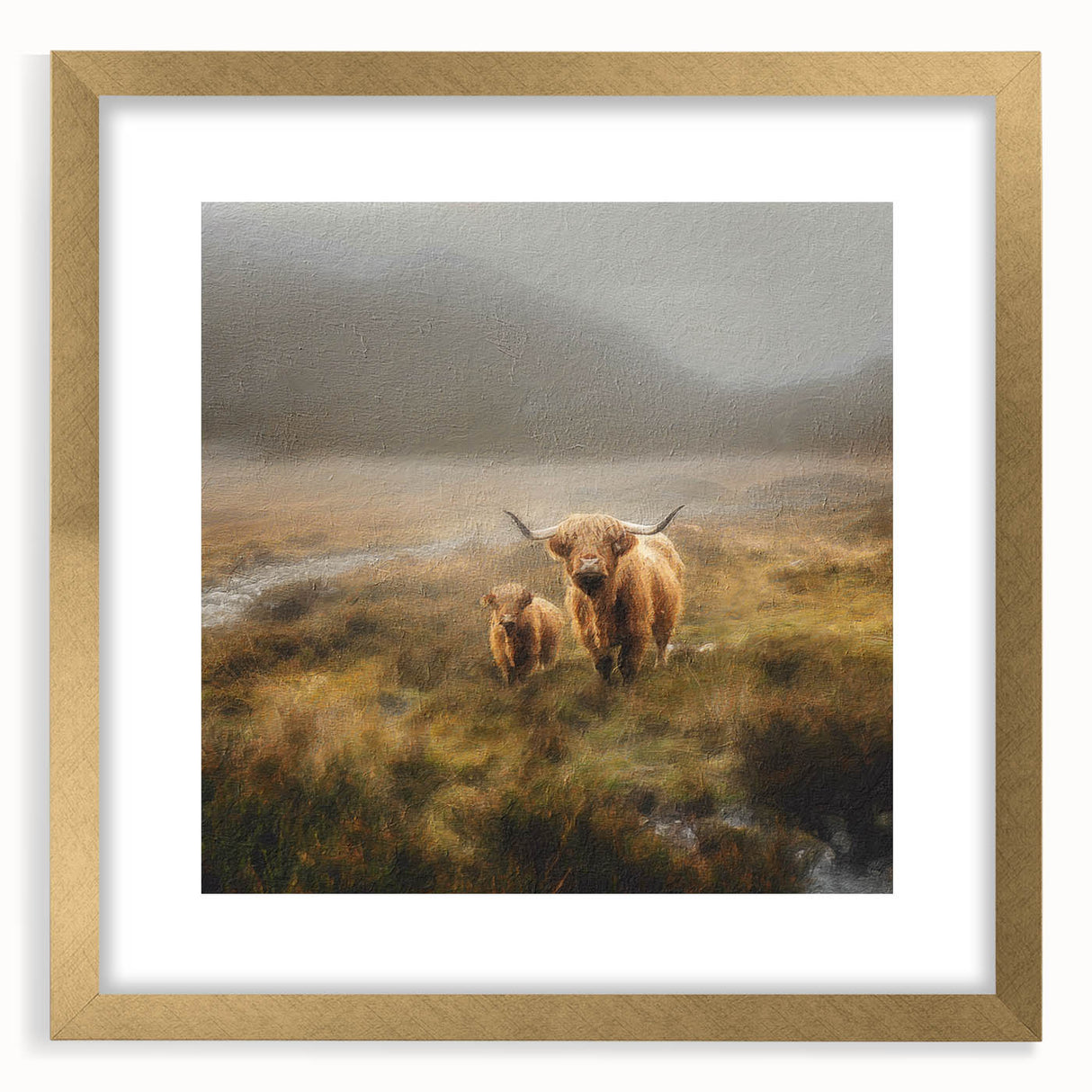 Landscape wall art featuring a serene countryside scene, framed in gold with a white mat, showcasing vibrant greens and soft blues, perfect for home decor.