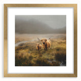 Landscape wall art featuring a serene countryside scene, framed in gold with a white mat, showcasing vibrant greens and soft blues, perfect for home decor.