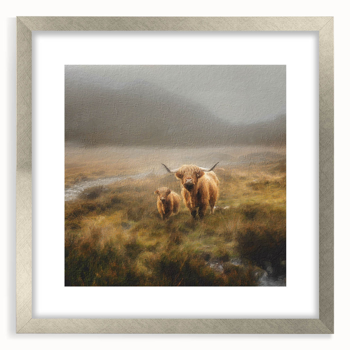 Elegant silver-framed landscape wall art showcasing a serene countryside scene with lush greenery and rolling hills, perfect for home decor enhancement.