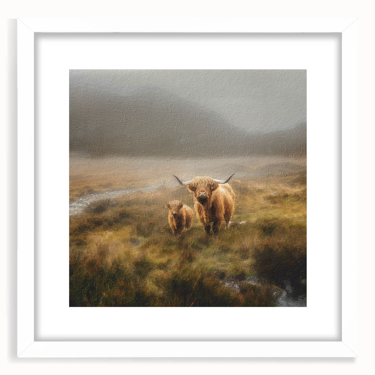 Landscape wall art framed in white, showcasing a serene countryside scene with rolling hills and a clear blue sky, perfect for home decor.
