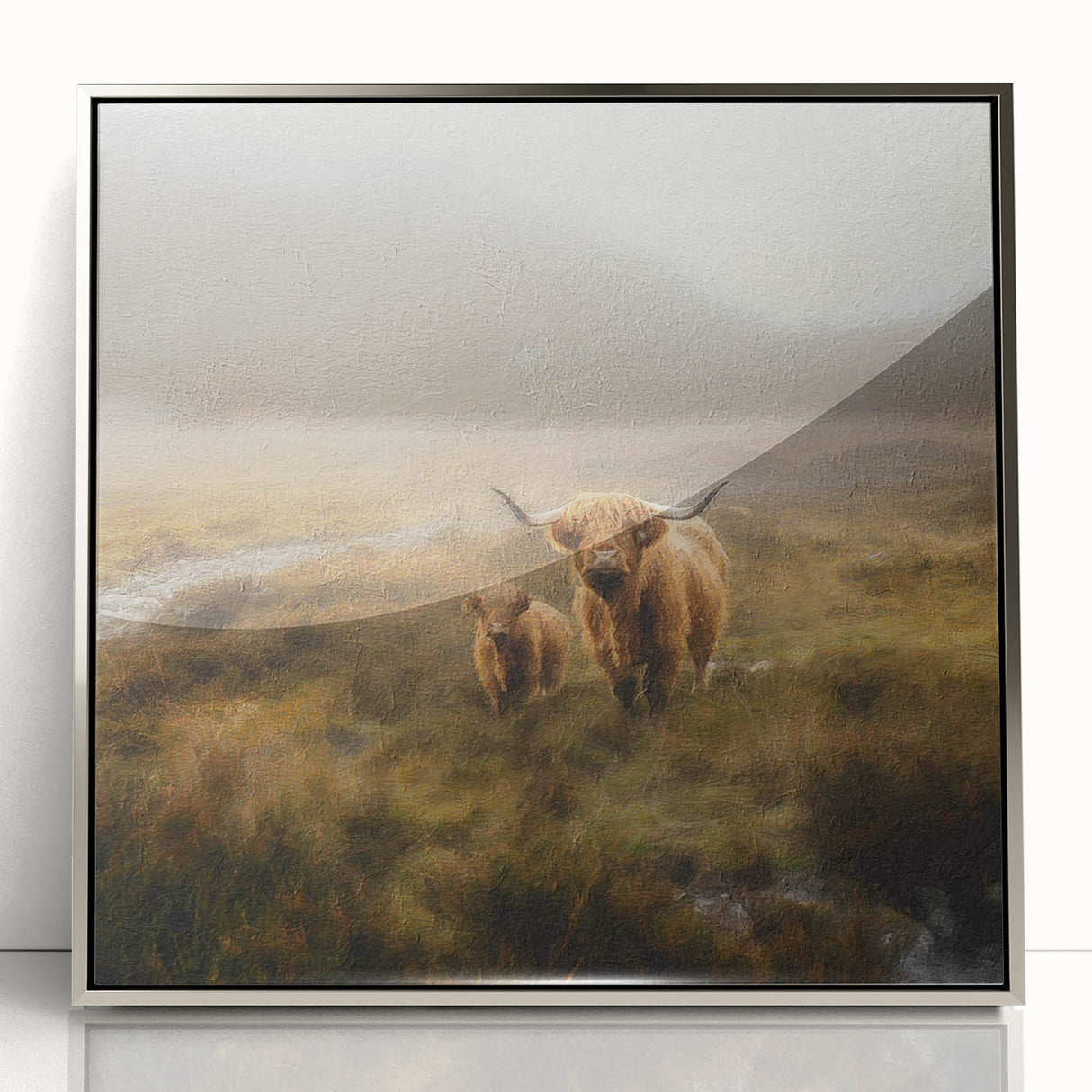 Framed landscape wall art depicting a serene countryside scene, featuring vibrant greens and blues. The artwork is displayed in a sleek silver frame, enhancing its elegance for home decor. Ideal for adding a natural touch to living spaces.
