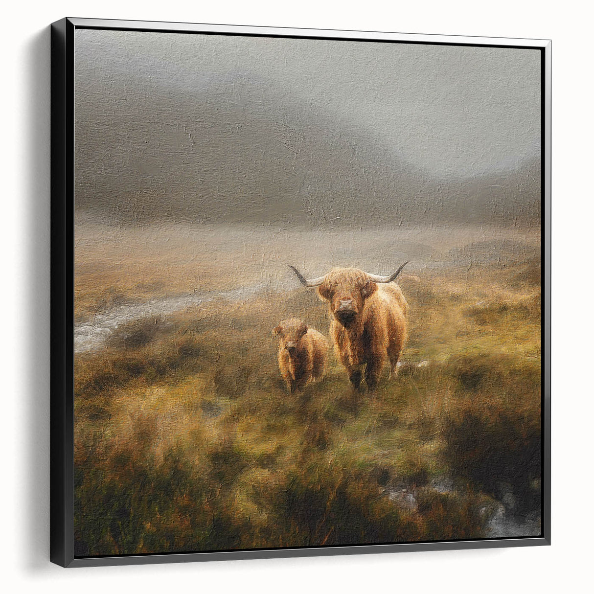 Framed landscape wall art depicting a serene countryside scene with vibrant green fields and a clear blue sky, set in a sleek black frame, ideal for home décor.