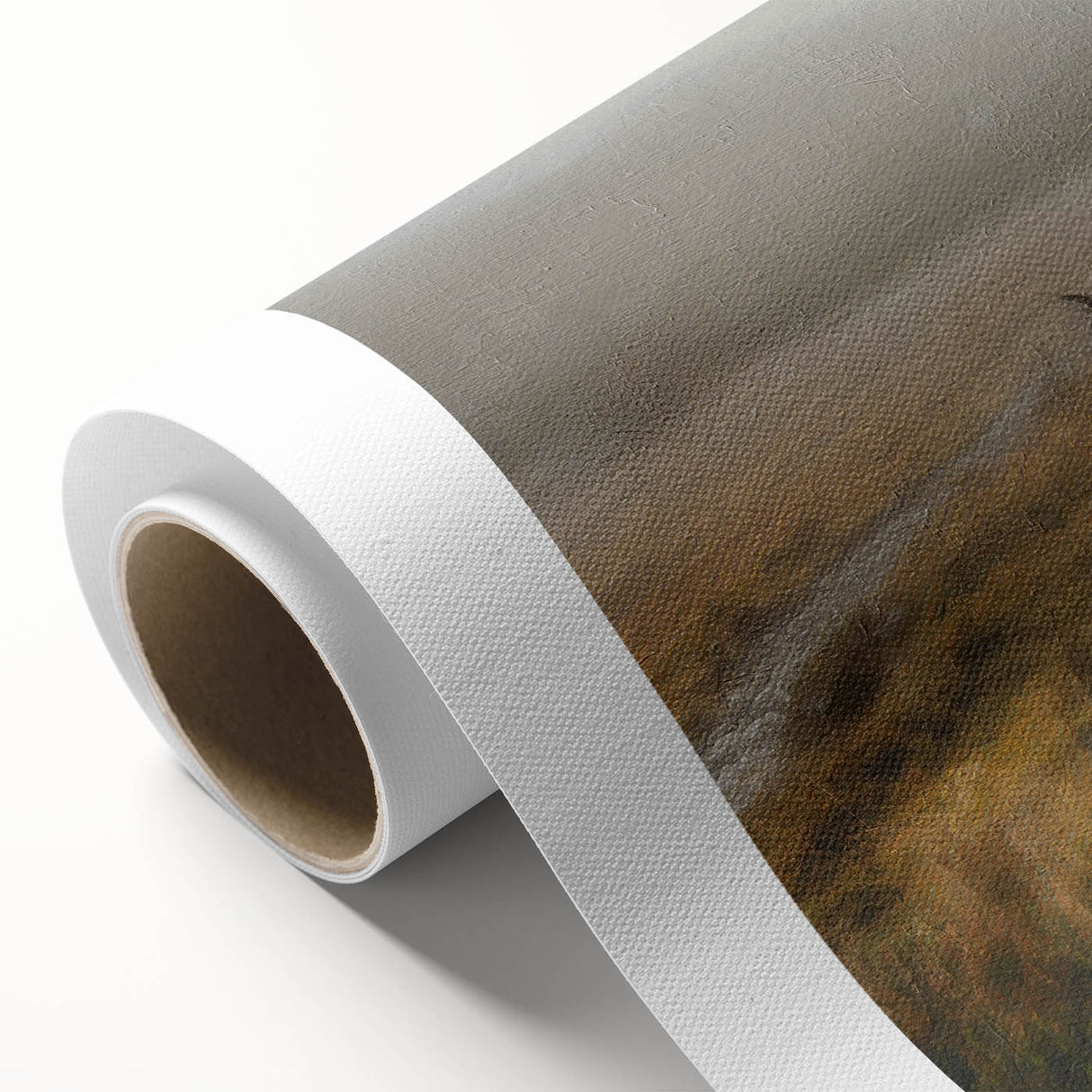 Landscape wall art printed on rolled canvas, showcasing a serene countryside scene with vibrant green fields, gentle hills, and a clear blue sky, perfect for home decor.