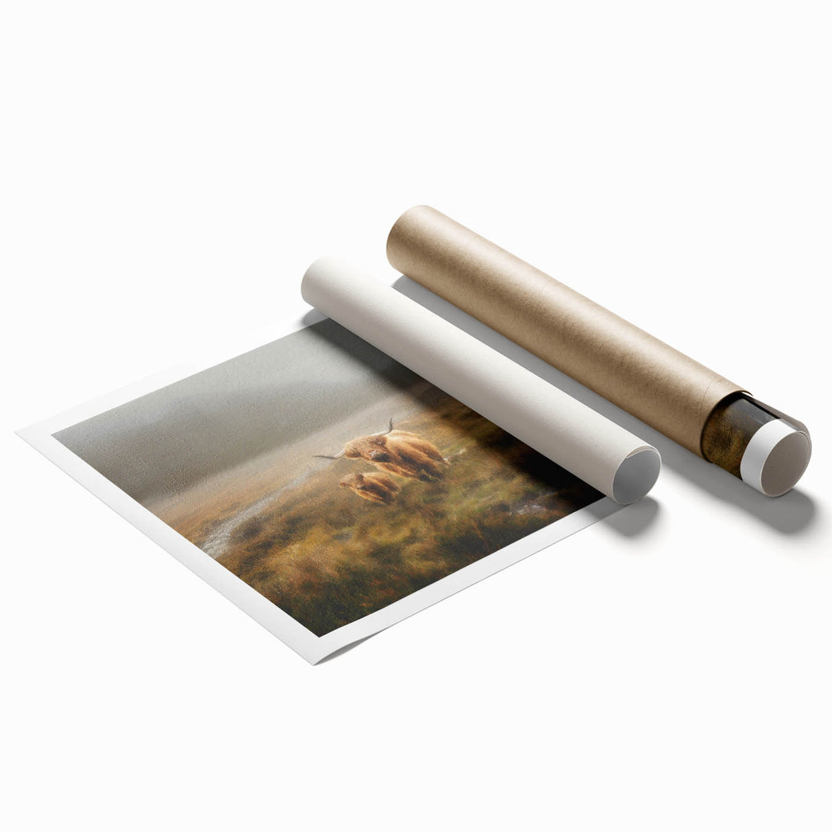Landscape wall art print showcasing a serene countryside scene with rolling hills and lush greenery, rolled and ready for framing, perfect for home decor.
