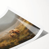 Landscape wall art print showcasing a serene countryside scene with rolling green hills and a clear blue sky, rolled and ready for display in a stylish home decor setting.