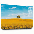 Acrylic glass landscape art featuring a serene countryside scene, displayed from a side view with decorative pins, ideal for home décor enhancement.