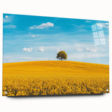 Acrylic glass landscape art featuring a serene countryside scene, displayed from a side view with decorative pins, ideal for home décor enhancement.