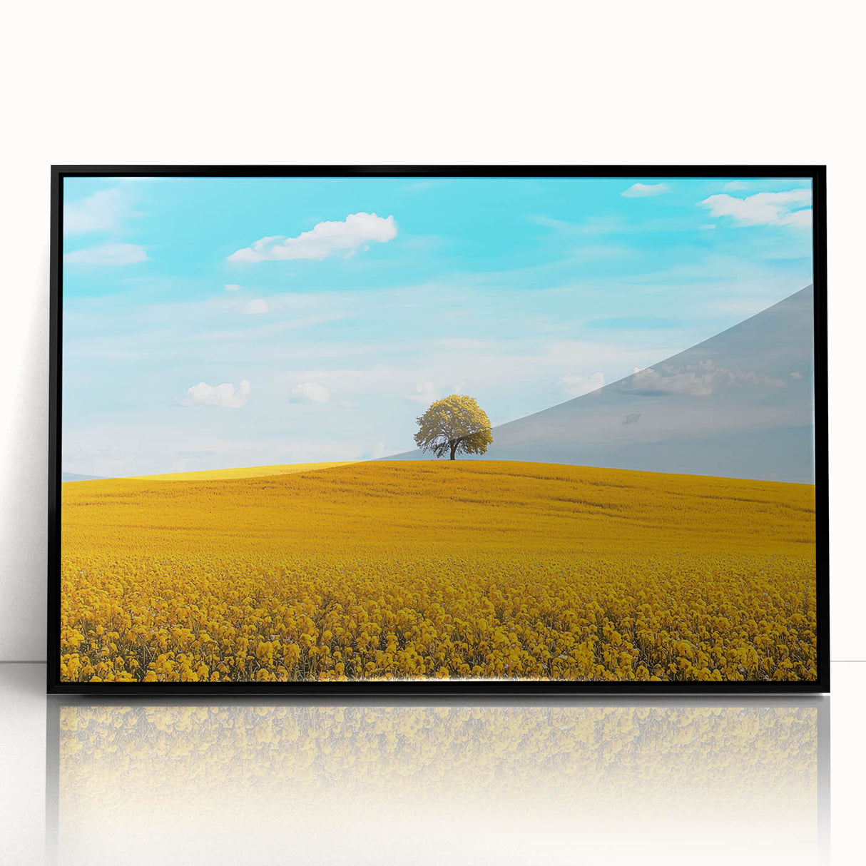 Framed acrylic artwork depicting a serene countryside landscape with vibrant colors, set in a sleek black frame, ideal for home decor enhancement.