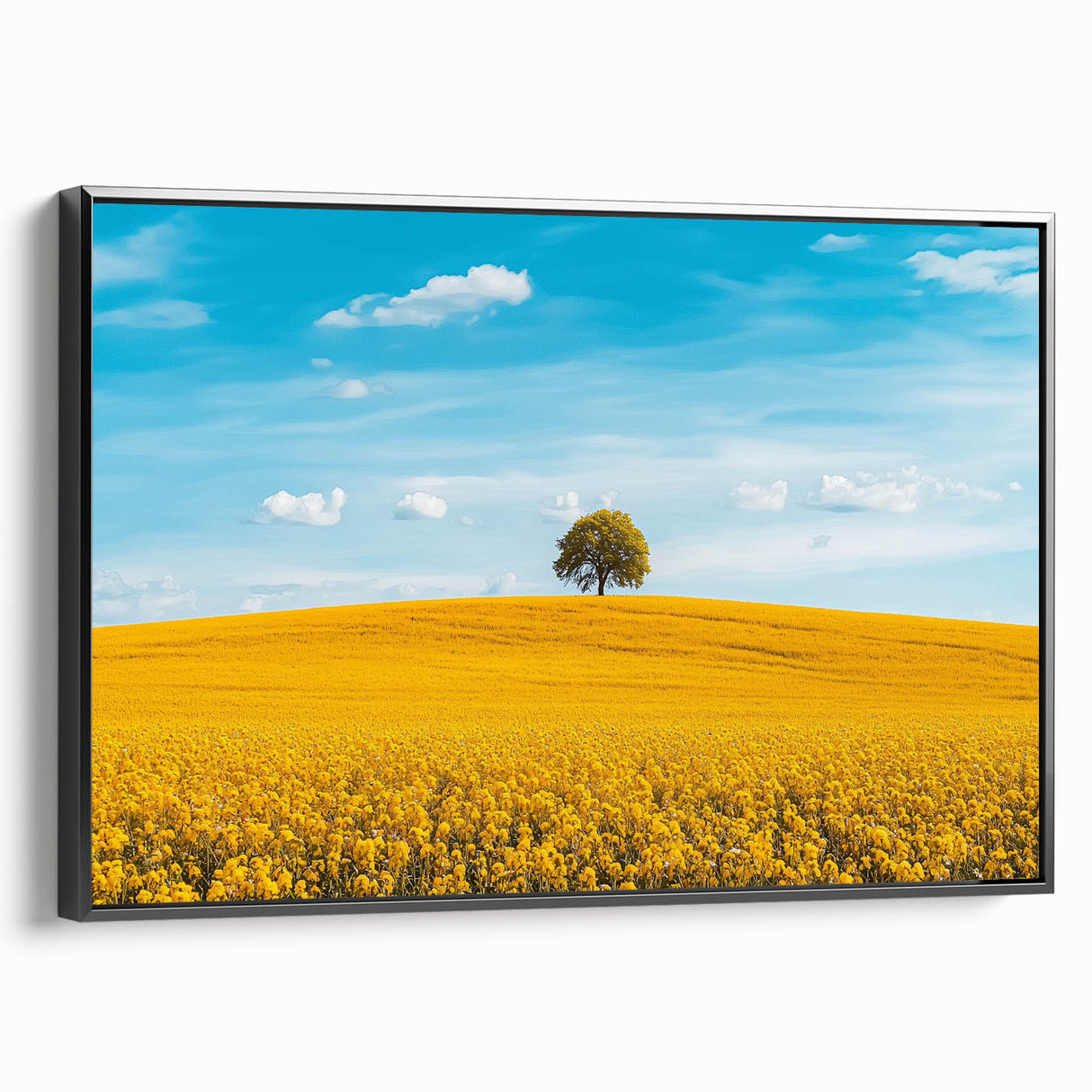 Framed canvas artwork depicting a serene countryside landscape in vibrant colors, showcased in a sleek black frame, perfect for enhancing home decor.