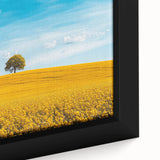 Framed canvas close-up showcasing a vibrant countryside landscape with rolling hills and lush greenery, perfect for home decor enthusiasts.