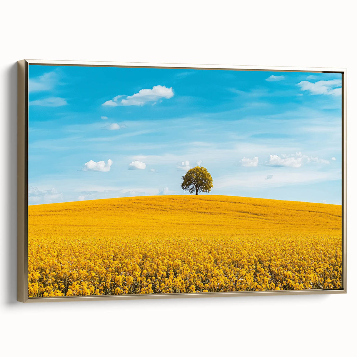 Framed canvas artwork showcasing a serene countryside landscape with vibrant colors, elegantly bordered in gold. Perfect for enhancing home decor with a touch of nature.