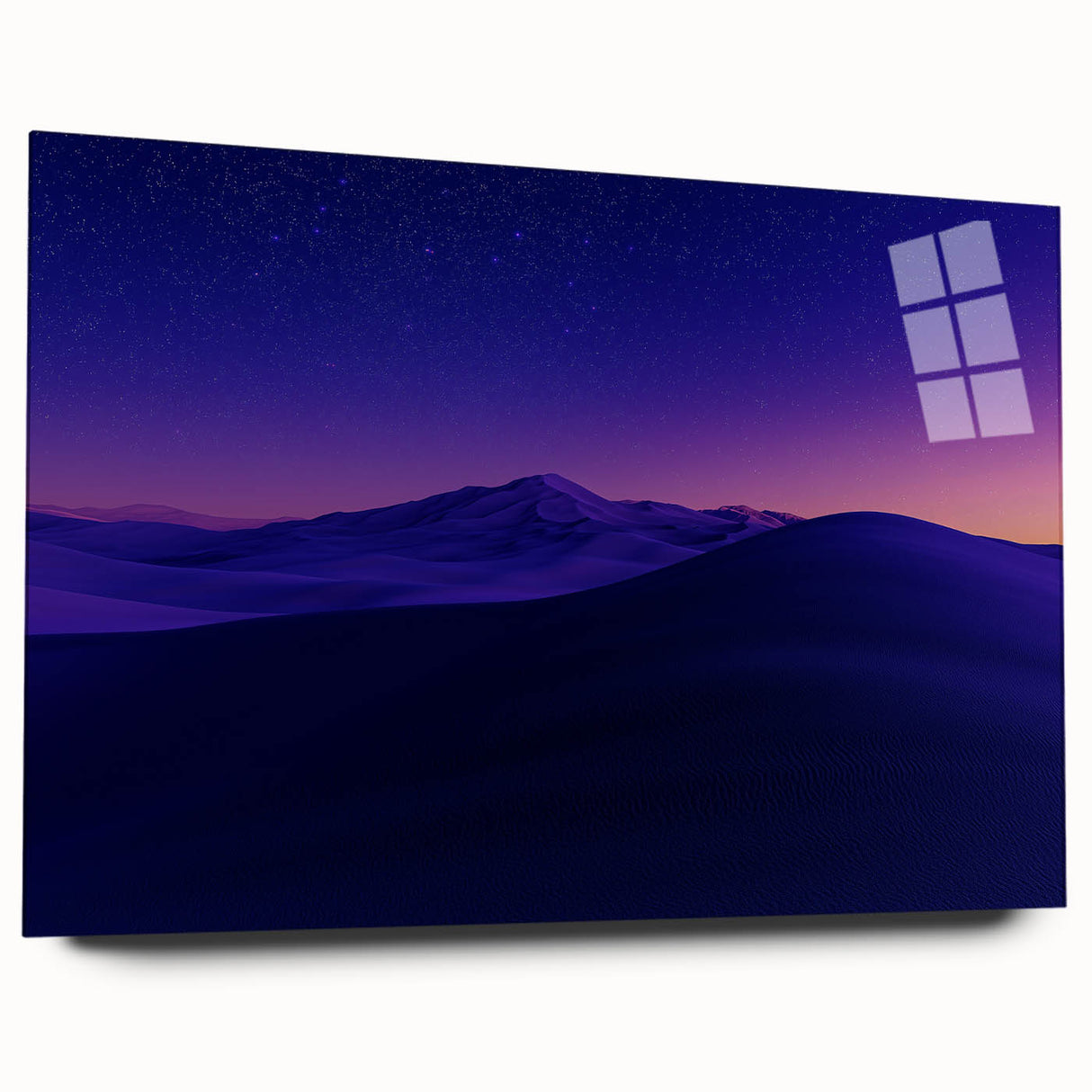 Acrylic glass side view of a striking desert landscape artwork, showcasing vibrant colors and textures, perfect for modern home decor or art galleries.