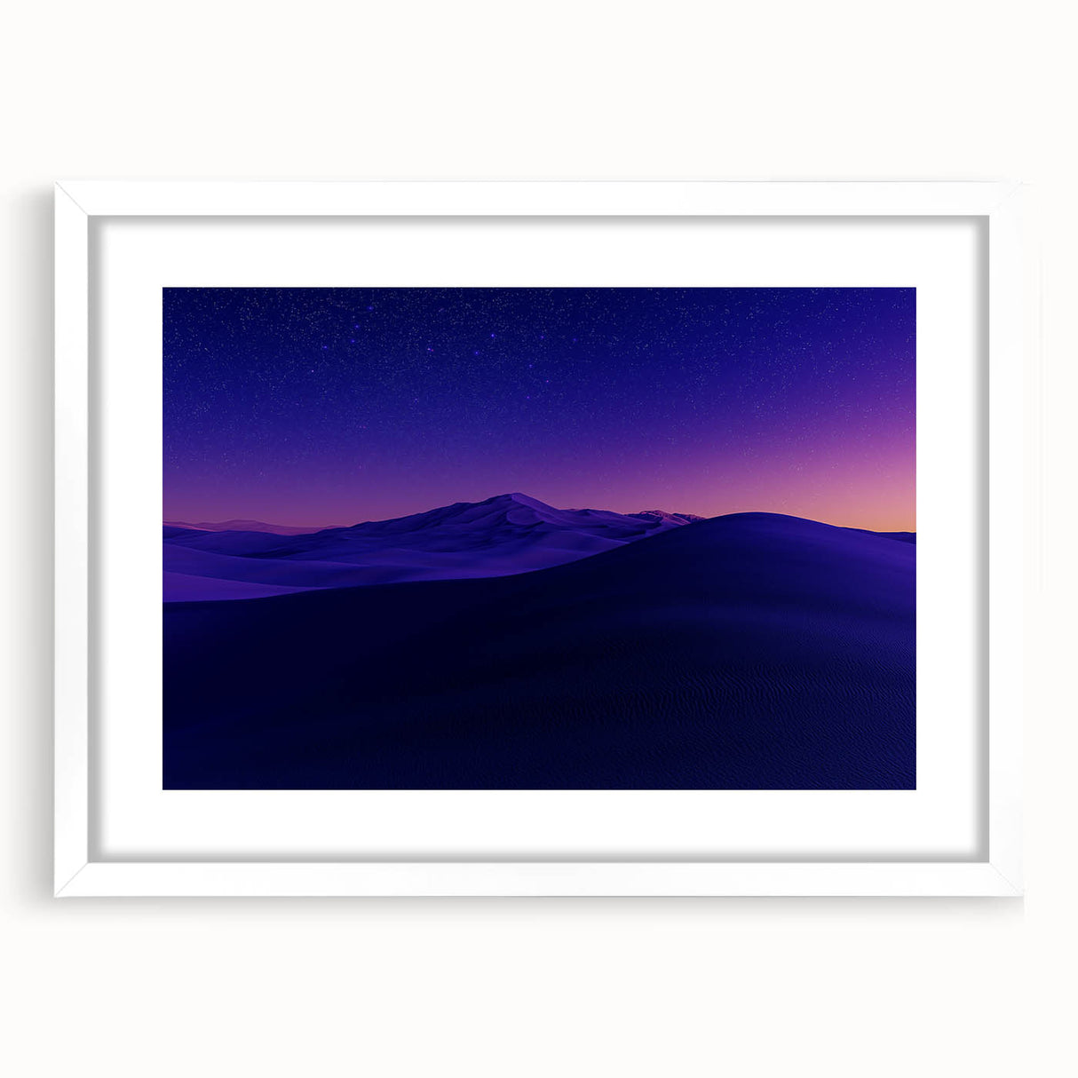 Framed desert landscape artwork showcasing vibrant hues of orange and blue, set in a sleek white mat, perfect for modern home decor.