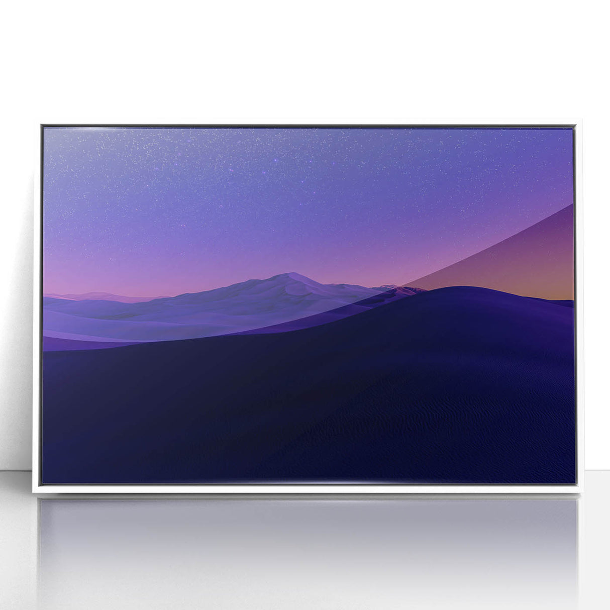 Framed acrylic art piece depicting a vibrant desert landscape with striking orange and yellow hues, set against a sleek white frame, perfect for modern decor.