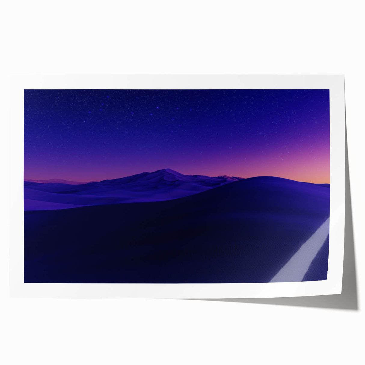 Desert landscape rolled canvas print showcasing vibrant hues of orange and yellow, depicting a serene sunset over sandy dunes, elegantly packaged in a protective tube.
