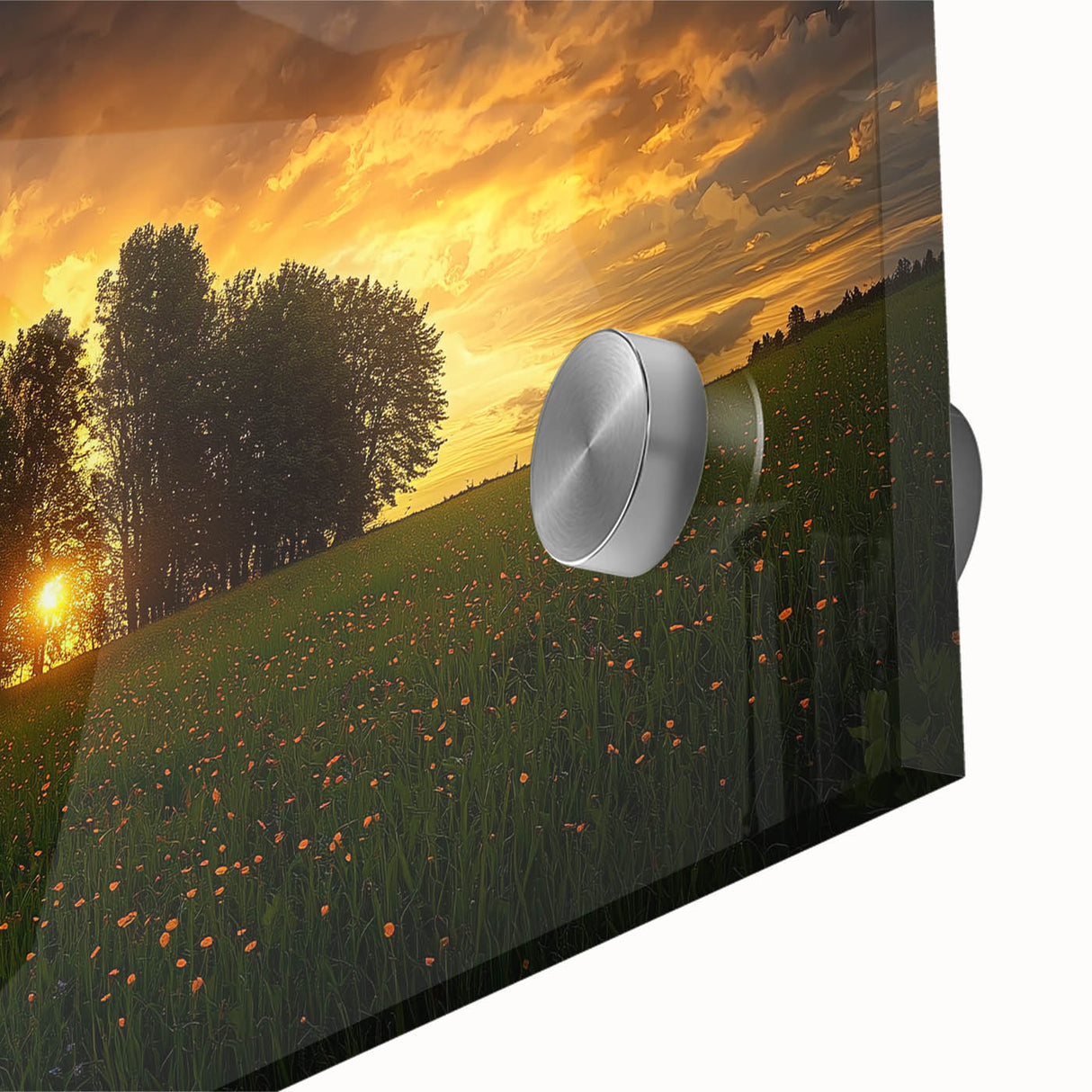 Close-up of vibrant acrylic landscape artwork showcasing lush green fields and a clear blue sky, ideal for home decor or office spaces, emphasizing nature's beauty.