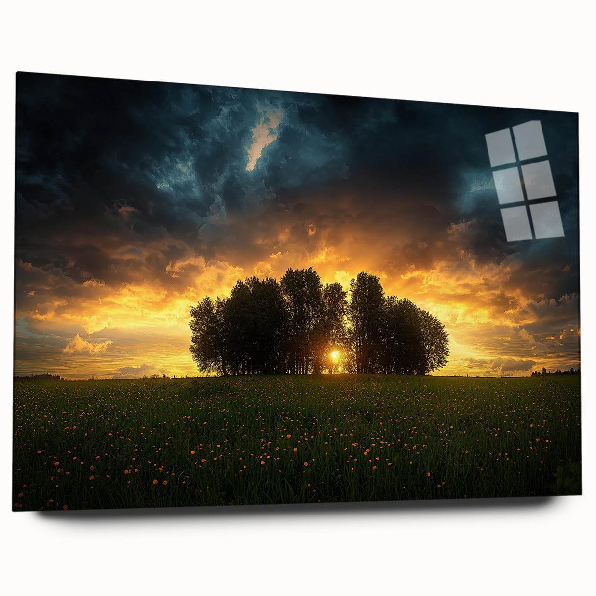 Acrylic glass display showcasing a vibrant landscape design with rolling fields, featuring vivid colors and intricate details, ideal for modern home decor.