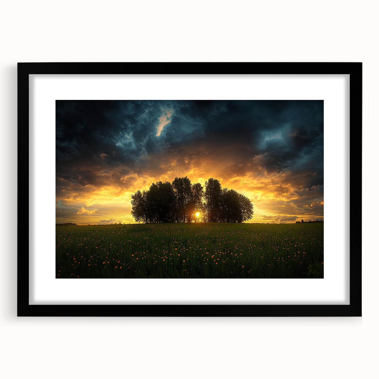 Black-framed landscape art print featuring serene fields, elegantly matted for a refined look. Ideal for home decor, it complements modern interiors beautifully.