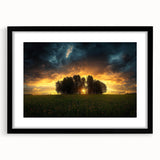 Black-framed landscape art print featuring serene fields, elegantly matted for a refined look. Ideal for home decor, it complements modern interiors beautifully.