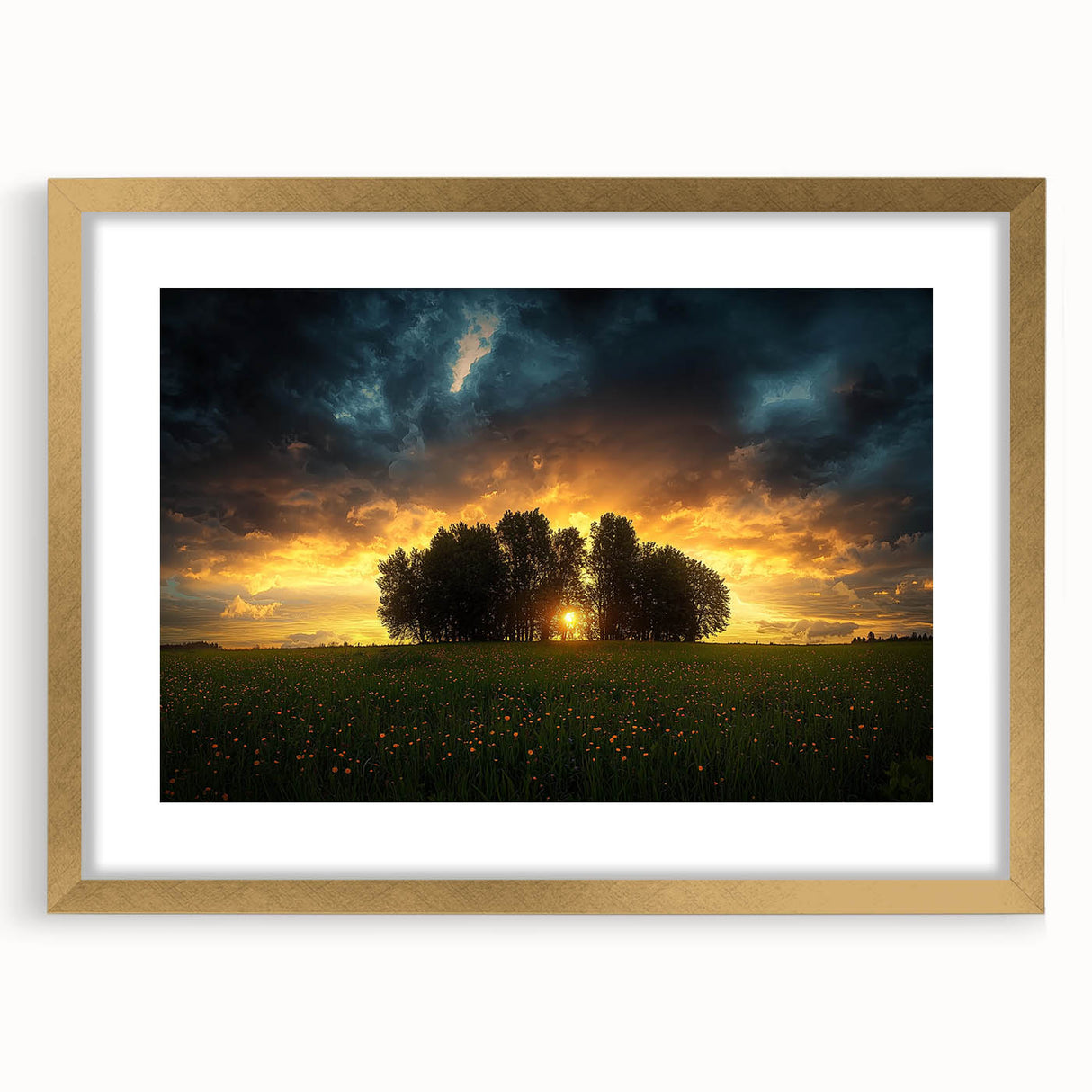 Elegant gold-framed landscape artwork featuring vibrant fields, matted for added depth, ideal for home décor. Perfect for nature lovers seeking a serene ambiance.