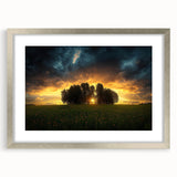 Elegant silver-frame landscape artwork, featuring vibrant green fields under a bright blue sky, complemented by a white mat, ideal for home decor.