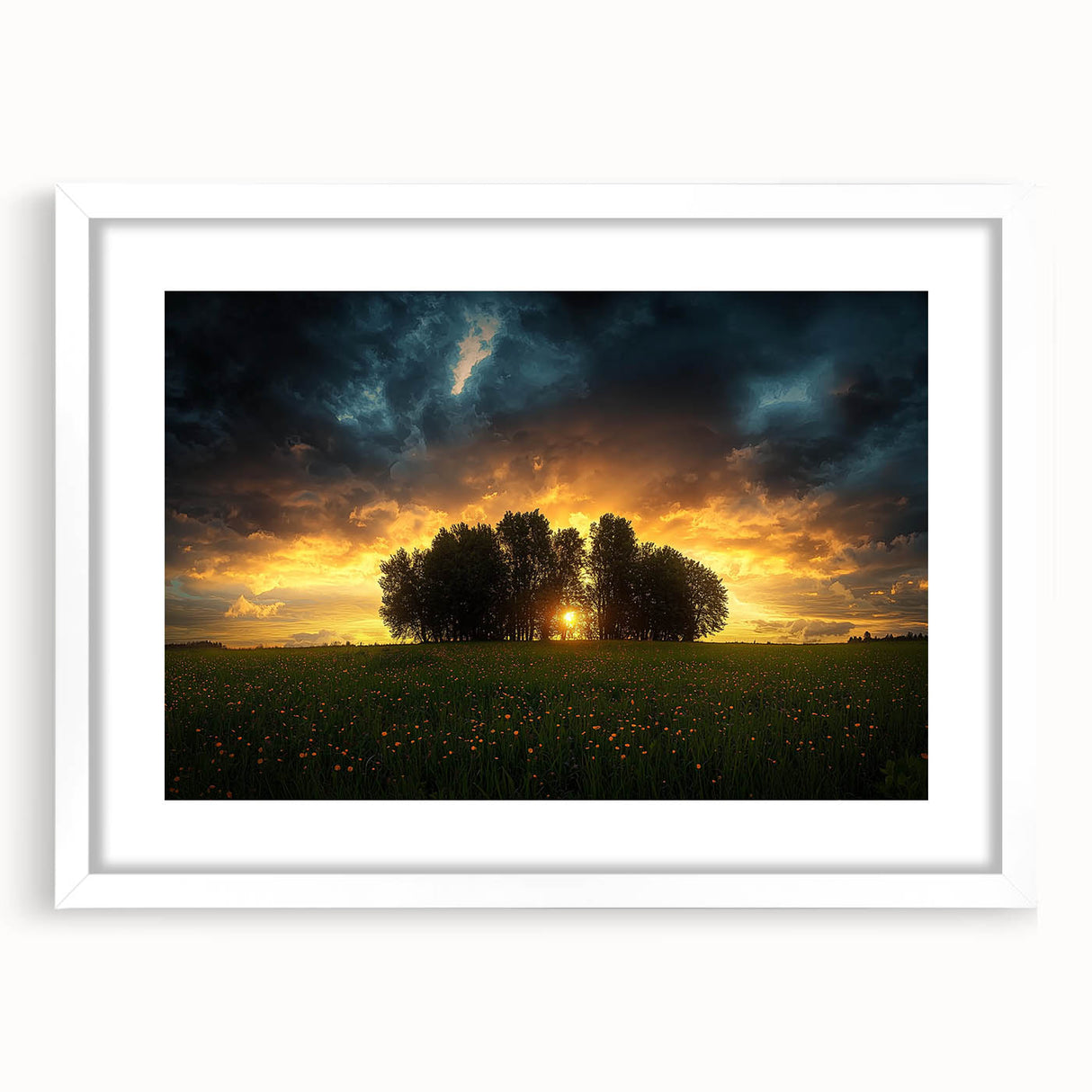 Framed landscape artwork showcasing vibrant green fields under a blue sky, featuring a white mat and sleek black frame, ideal for home decor enhancement.