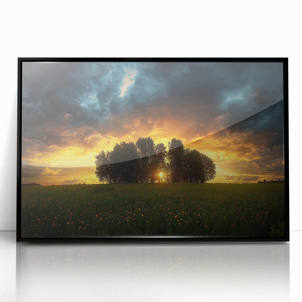 Framed acrylic artwork showcasing a vibrant landscape scene with fields and rolling hills, presented in a sleek black frame. Ideal for home decor or office space enhancement.