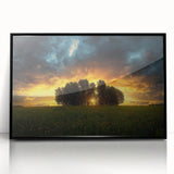Framed acrylic artwork showcasing a vibrant landscape scene with fields and rolling hills, presented in a sleek black frame. Ideal for home decor or office space enhancement.